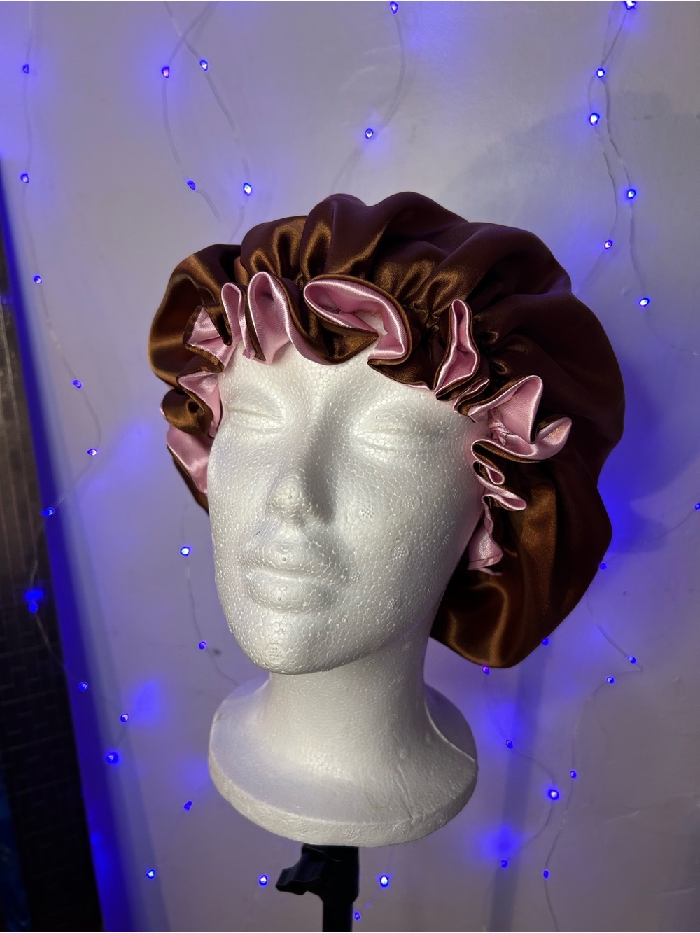 Satin Double-Layer Bonnet - Brown with Pink Trim